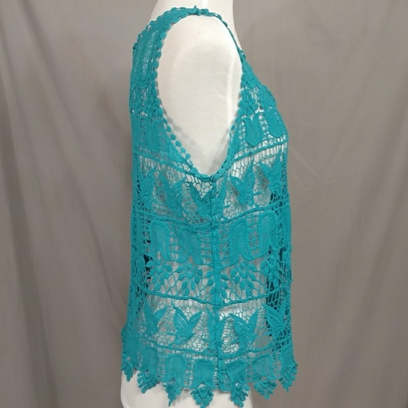 Turquoise Butterfly Crop Lace Crochet Cobweb Knit Tank Top Dark Aqua Weave - Picture 3 of 8
